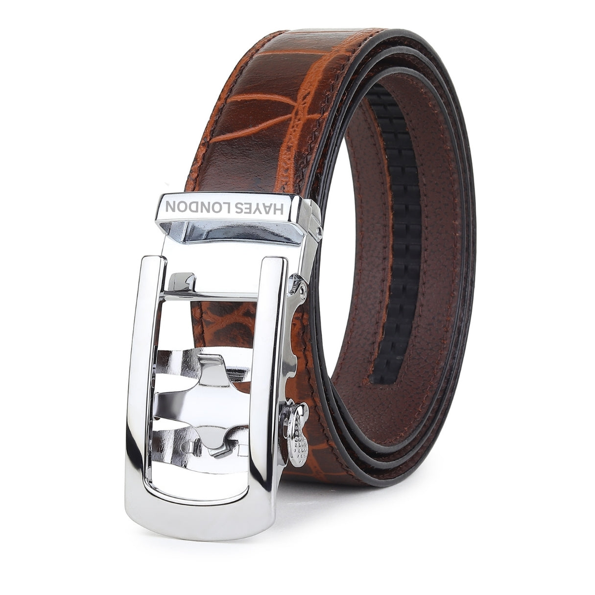 Hayes London | Atlas Auto-Lock No-Hole Genuine Leather Belt for Men – Micro-adjustable Smart Belt for Formal & Casual Wear (Croco Brown)