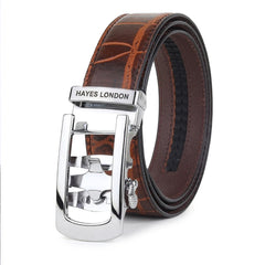 Hayes London | Atlas Brown Croco Genuine Leather Auto-Lock Belt for Men – Silver Buckle, Micro-Adjustable Fit
