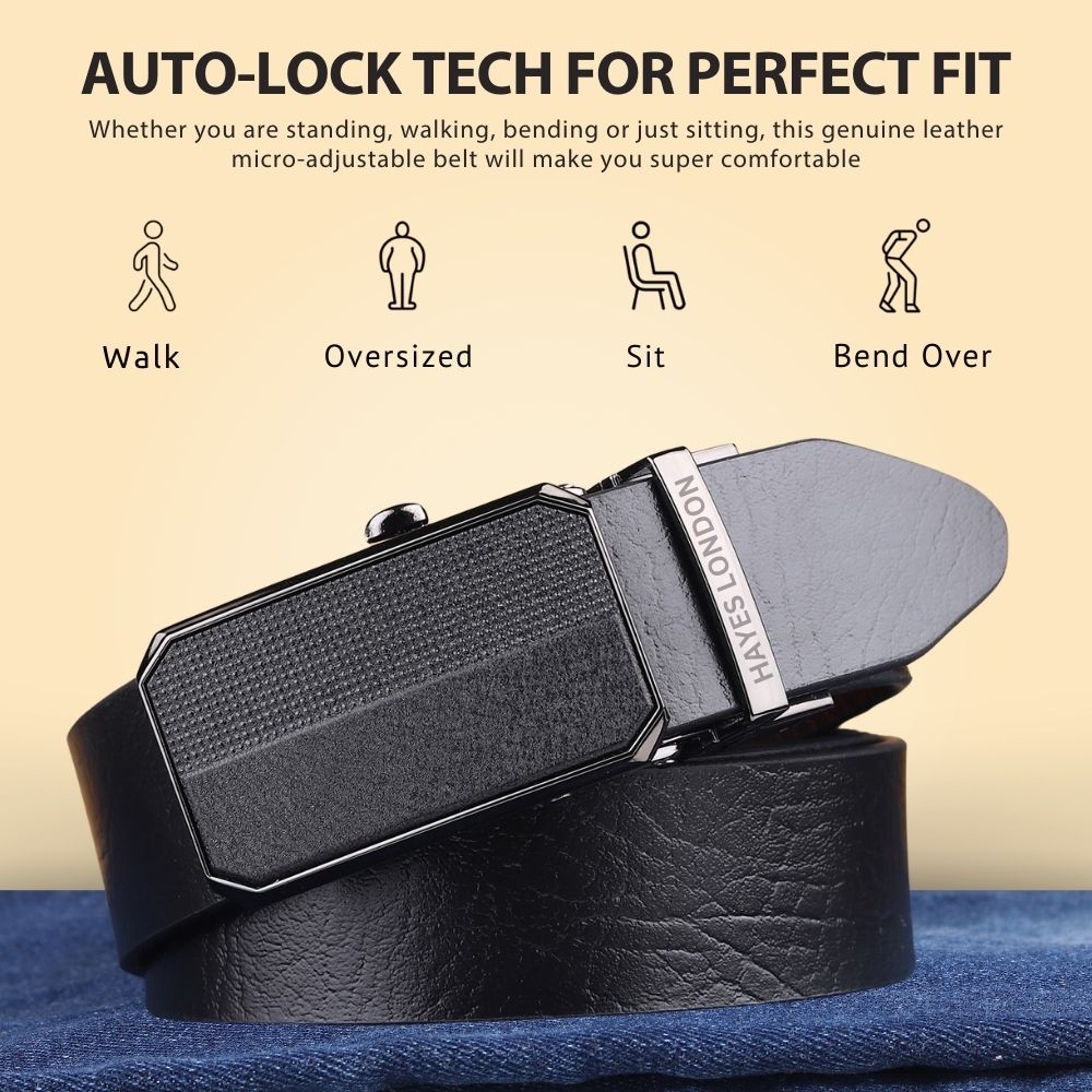 Hayes London | Asgard Auto-Lock No-Hole Genuine Leather Belt for Men – Micro-adjustable Reversible Black & Brown Belt for Formal & Casual Wear