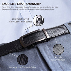 Hayes London | Atlas Auto-Lock No-Hole Genuine Leather Belt for Men – Micro-adjustable Smart Belt for Formal & Casual Wear (Croco Black)