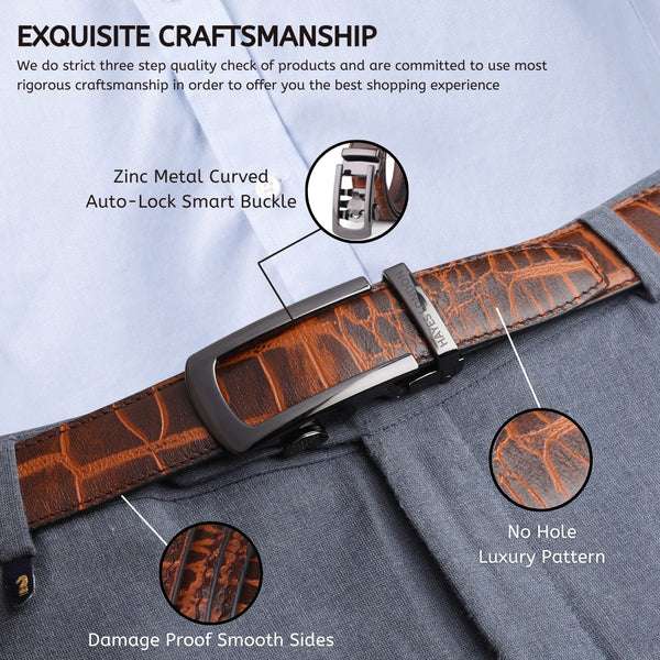 Hayes London | Atlas Auto-Lock No-Hole Genuine Leather Belt for Men – Micro-adjustable Smart Belt for Formal & Casual Wear (Croco Brown)