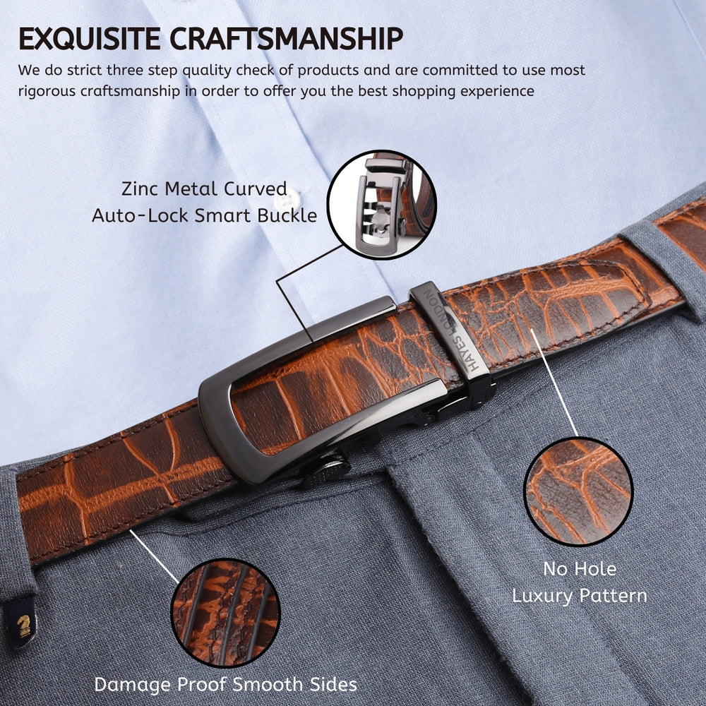Hayes London | Atlas Auto-Lock No-Hole Genuine Leather Belt for Men – Micro-adjustable Smart Belt for Formal & Casual Wear (Croco Brown)