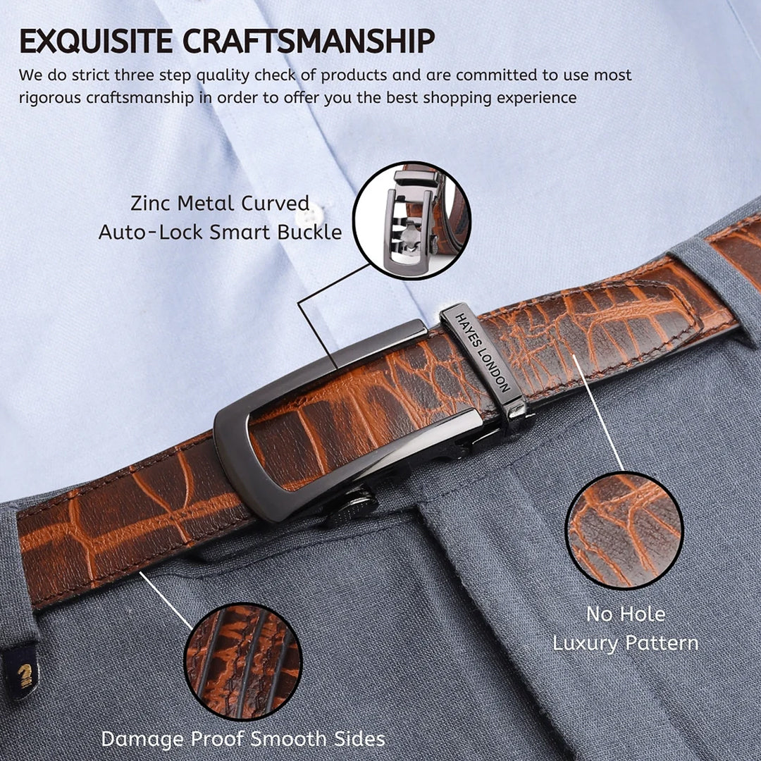 Hayes London | Atlas Brown Croco Genuine Leather Auto-Lock Belt for Men – Grey Buckle, Micro-Adjustable Fit