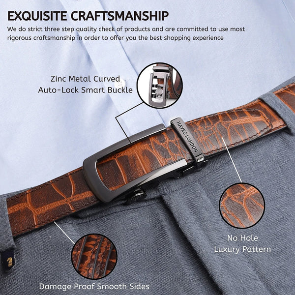 Hayes London | Atlas Brown Croco Genuine Leather Auto-Lock Belt for Men – Grey Buckle, Micro-Adjustable Fit