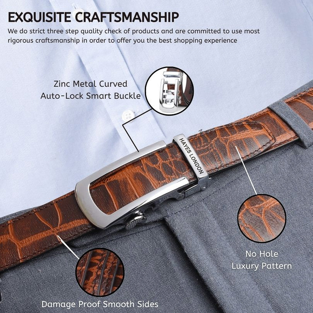 Hayes London | Atlas Brown Croco Genuine Leather Auto-Lock Belt for Men – Silver Buckle, Micro-Adjustable Fit