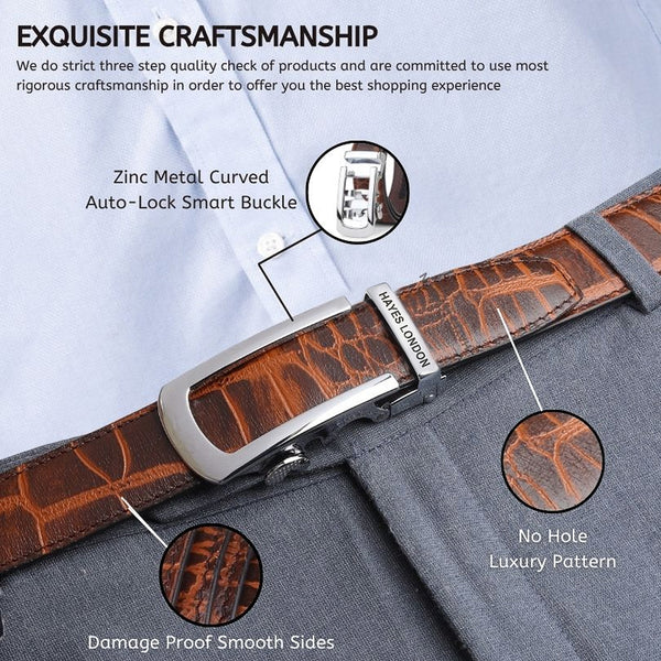 Hayes London | Atlas Brown Croco Genuine Leather Auto-Lock Belt for Men – Silver Buckle, Micro-Adjustable Fit