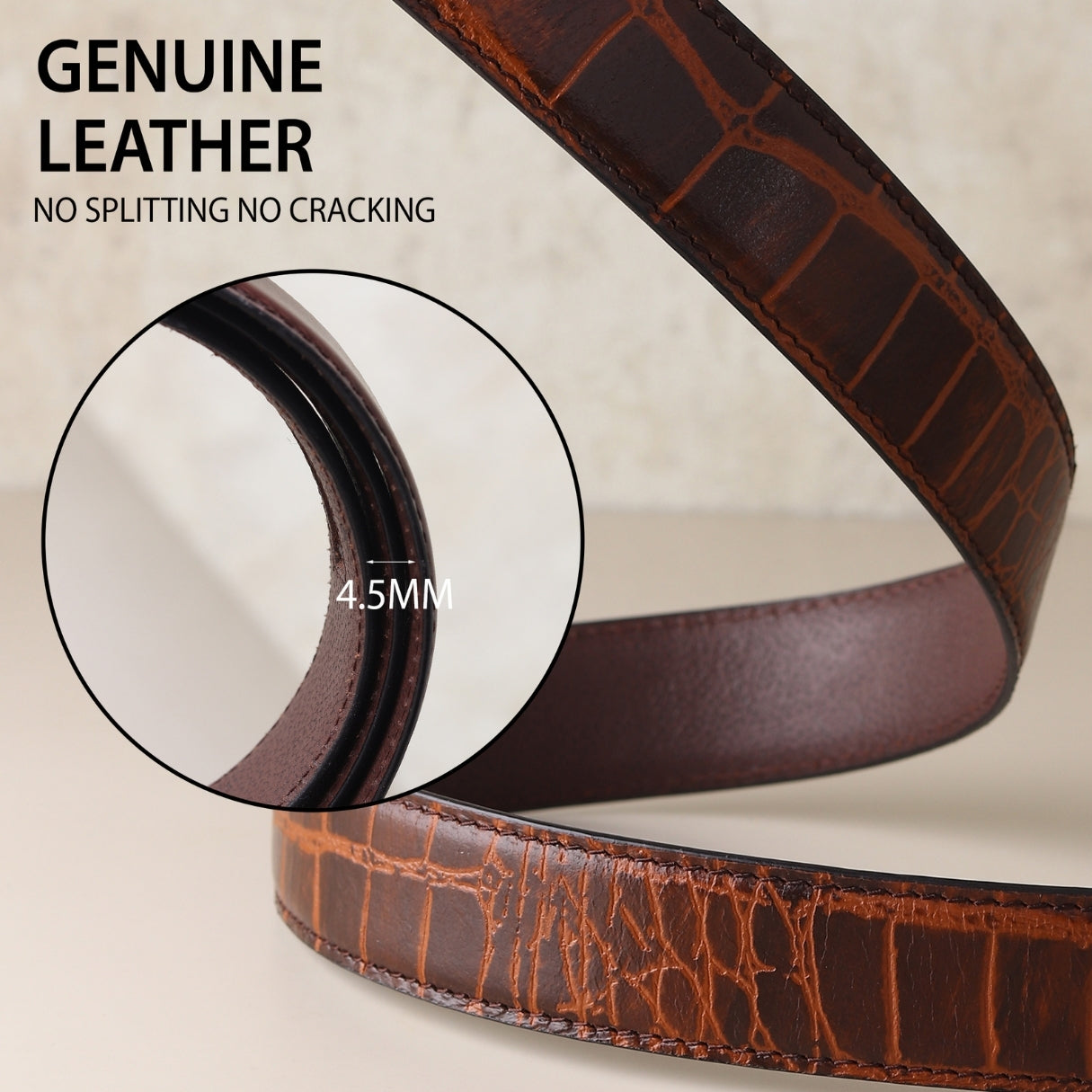 Hayes London | Atlas Auto-Lock No-Hole Genuine Leather Belt for Men – Micro-adjustable Smart Belt for Formal & Casual Wear (Croco Brown)