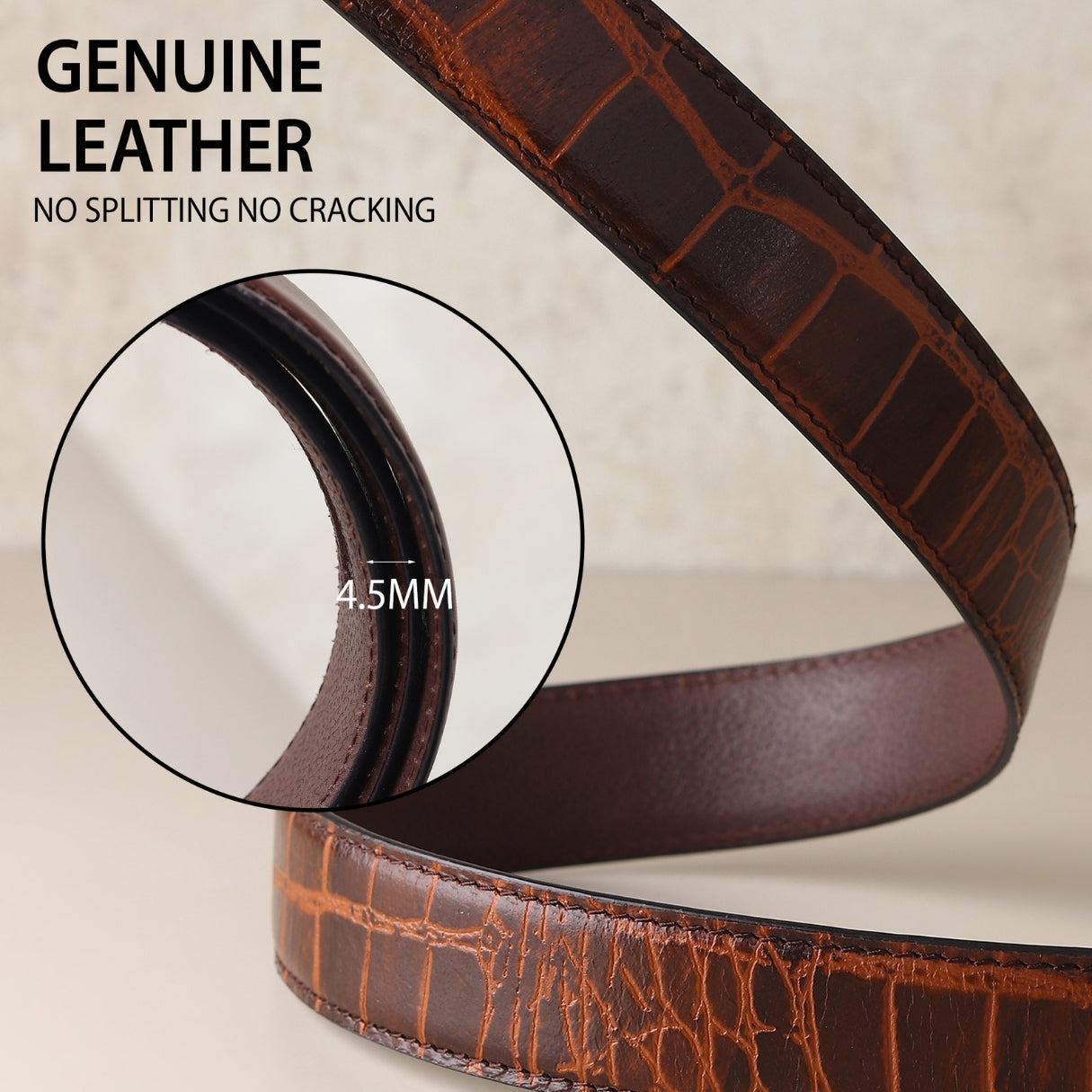 Hayes London | Atlas Auto-Lock No-Hole Genuine Leather Belt for Men – Micro-adjustable Smart Belt for Formal & Casual Wear (Croco Brown)