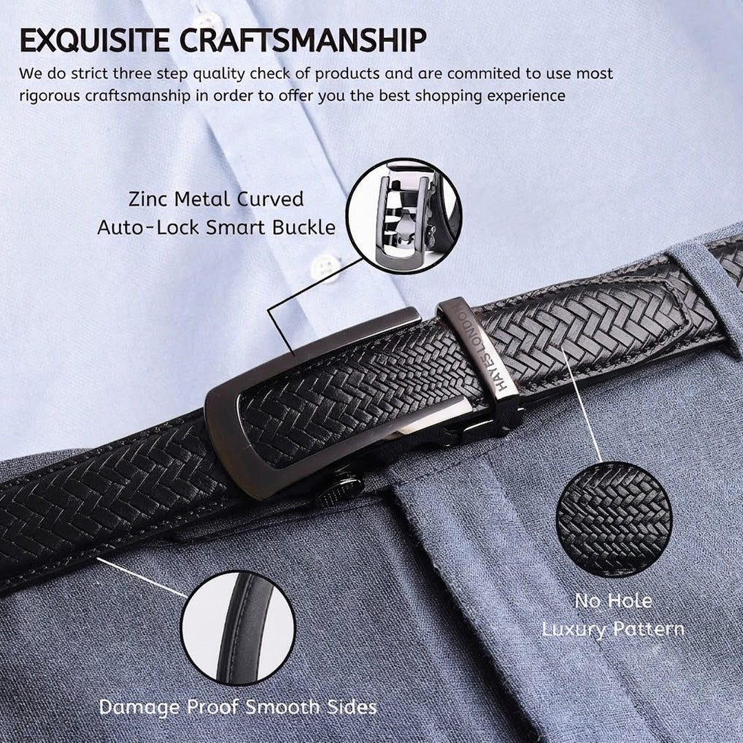 Hayes London | Cosmos Black Genuine Leather Auto-Lock Belt for Men – Grey Buckle, Micro-Adjustable Fit