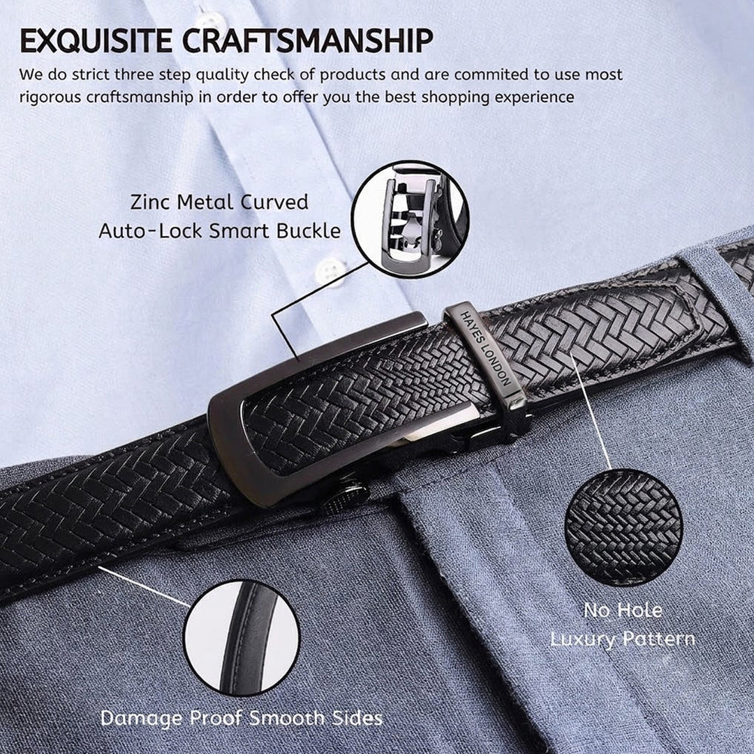 Hayes London | Cosmos Black Genuine Leather Auto-Lock Belt for Men – Grey Buckle, Micro-Adjustable Fit