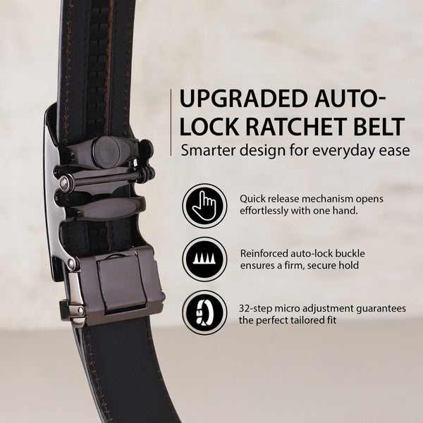 Hayes London | Nova Black Genuine Leather Auto-Lock Belt for Men – Grey Buckle, Micro-Adjustable Fit