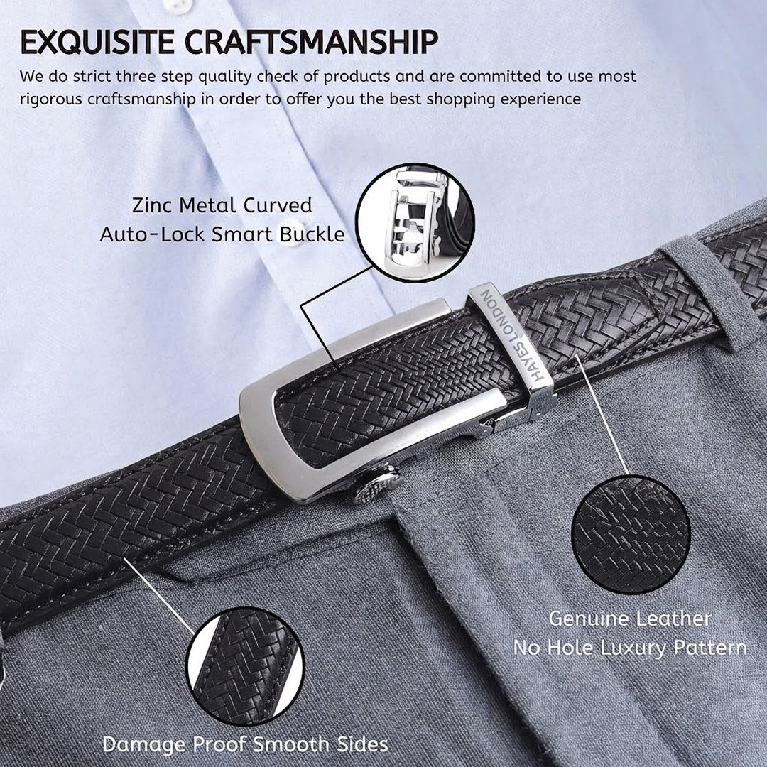 Hayes London | Cosmos Black Genuine Leather Auto-Lock Belt for Men – Silver Buckle, Micro-Adjustable Fit