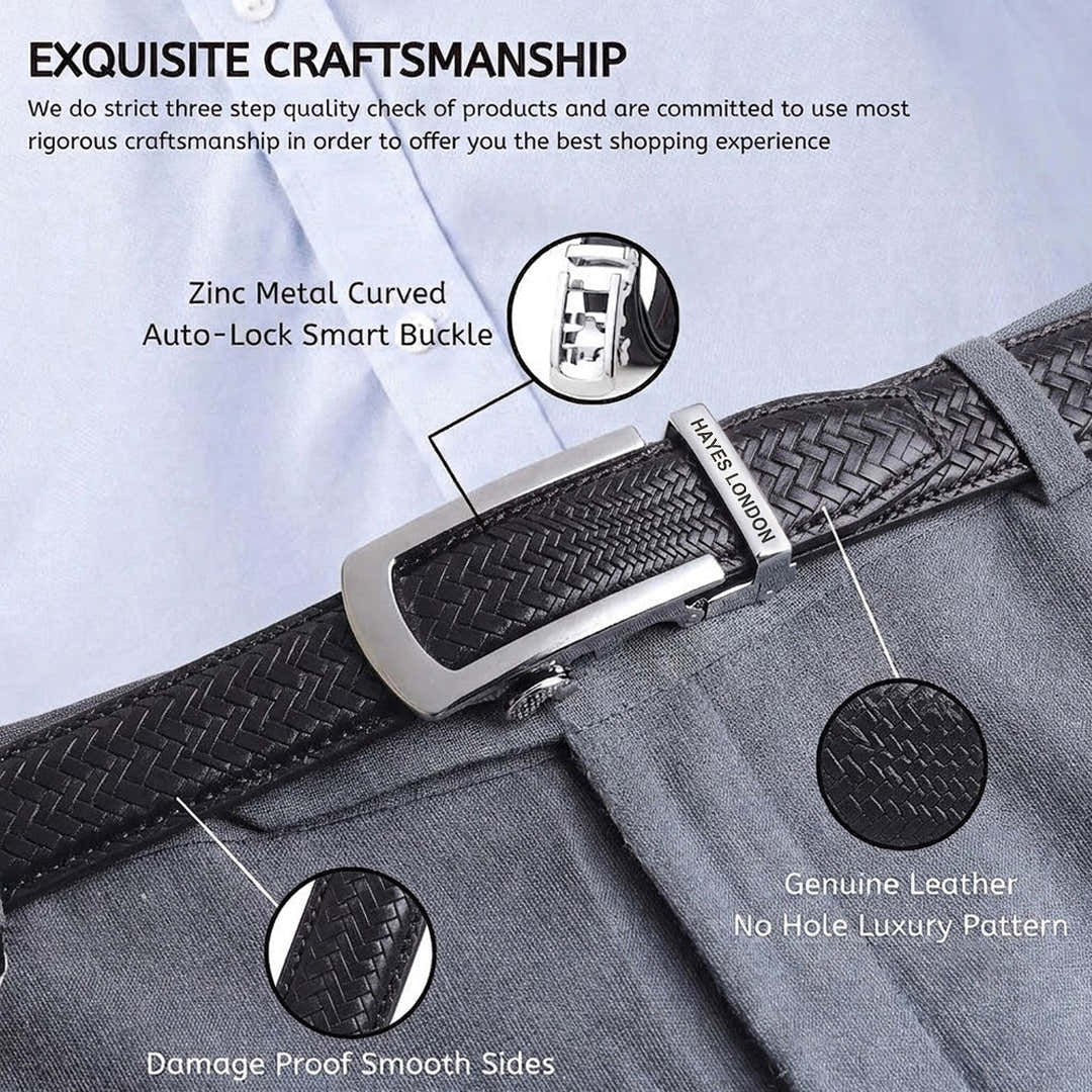 Hayes London | Cosmos Black Genuine Leather Auto-Lock Belt for Men – Silver Buckle, Micro-Adjustable Fit