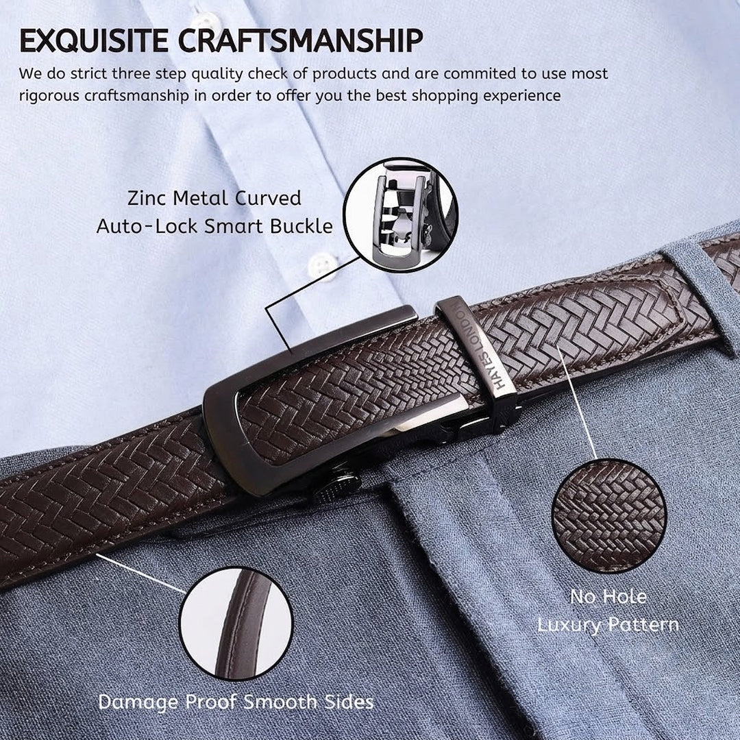 Hayes London | Cosmos Brown Genuine Leather Auto-Lock Belt for Men – Grey Buckle, Micro-Adjustable Fit