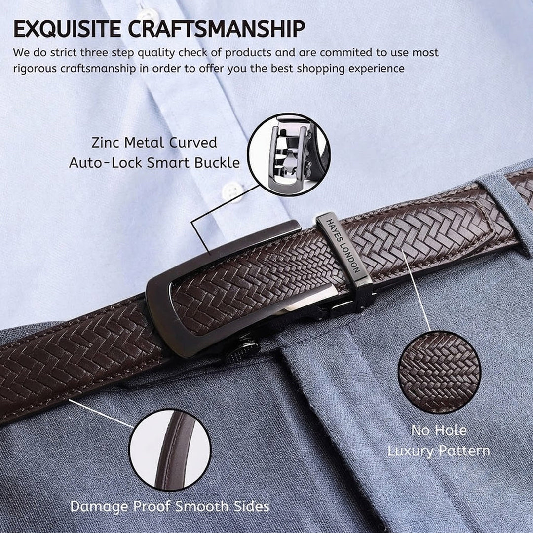 Hayes London | Cosmos Brown Genuine Leather Auto-Lock Belt for Men – Grey Buckle, Micro-Adjustable Fit
