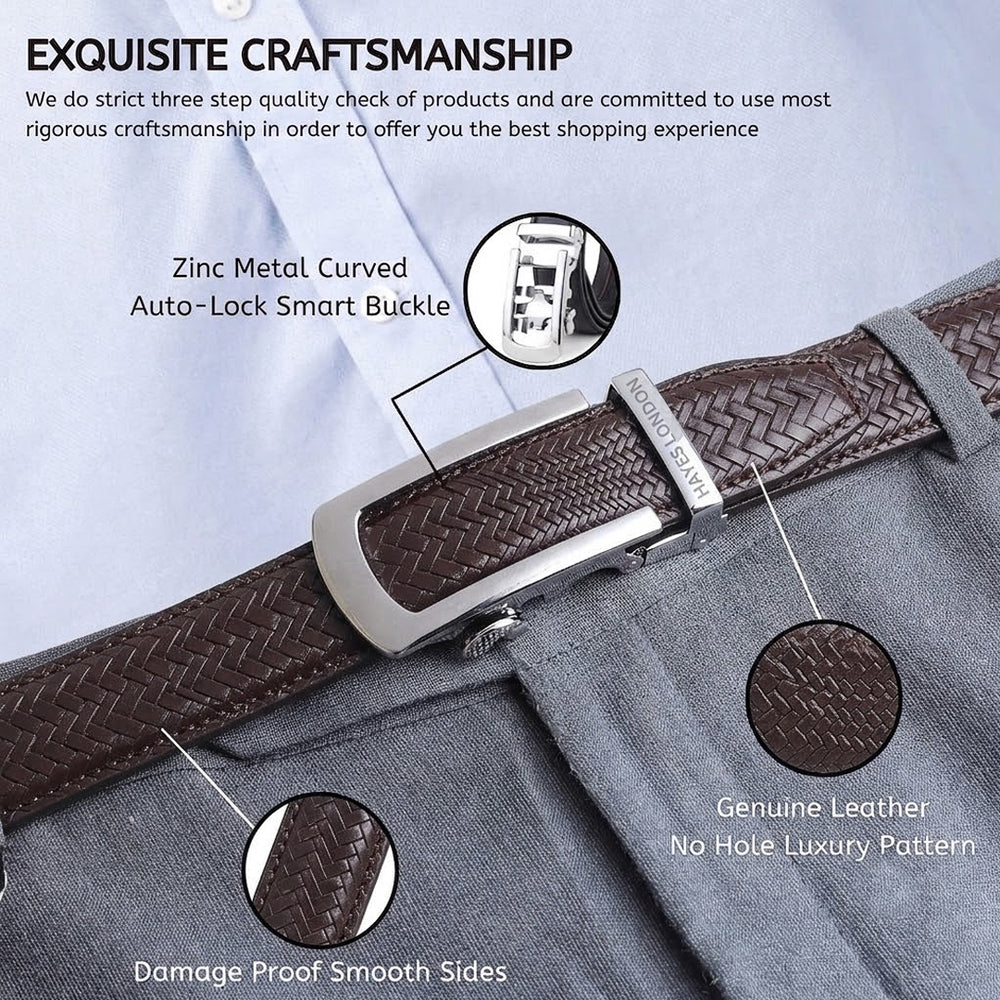 Hayes London | Cosmos Brown Genuine Leather Auto-Lock Belt for Men – Silver Buckle, Micro-Adjustable Fit