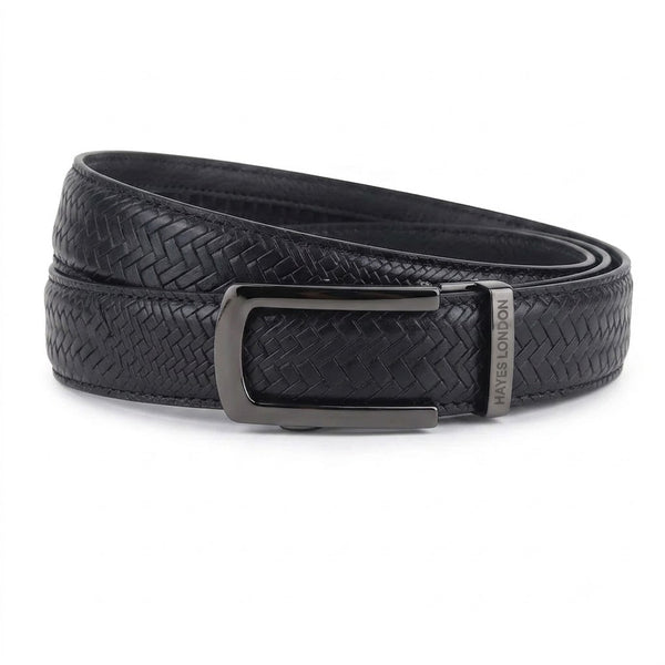 Hayes London | Cosmos Black Genuine Leather Auto-Lock Belt for Men – Grey Buckle, Micro-Adjustable Fit