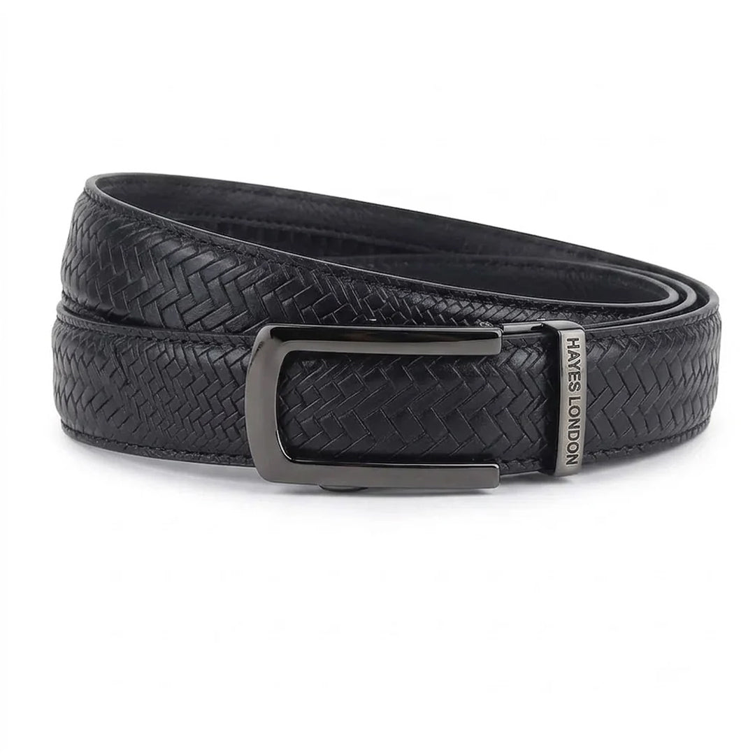 Hayes London | Cosmos Black Genuine Leather Auto-Lock Belt for Men – Grey Buckle, Micro-Adjustable Fit