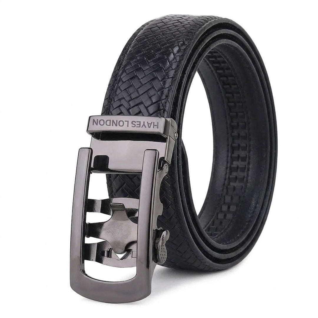 Hayes London | Cosmos Black Genuine Leather Auto-Lock Belt for Men – Grey Buckle, Micro-Adjustable Fit