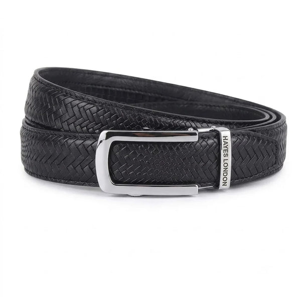 Hayes London | Cosmos Black Genuine Leather Auto-Lock Belt for Men – Silver Buckle, Micro-Adjustable Fit