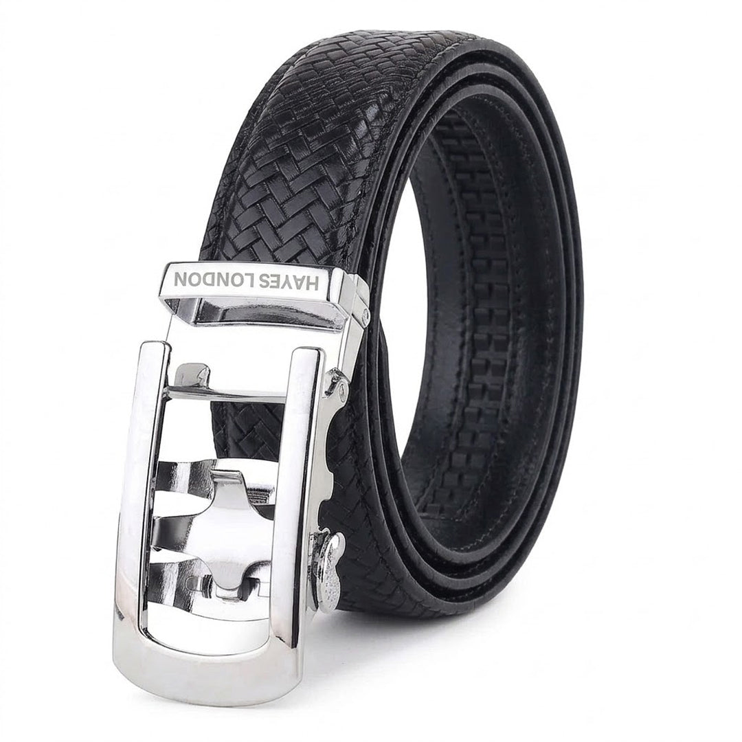 Hayes London | Cosmos Black Genuine Leather Auto-Lock Belt for Men – Silver Buckle, Micro-Adjustable Fit