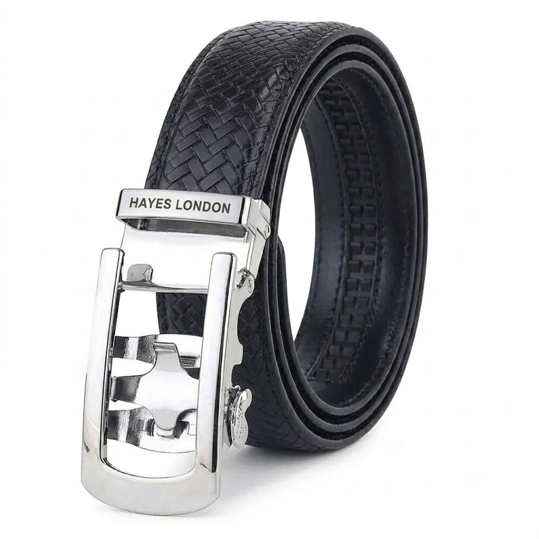 Hayes London | Cosmos Black Genuine Leather Auto-Lock Belt for Men – Silver Buckle, Micro-Adjustable Fit