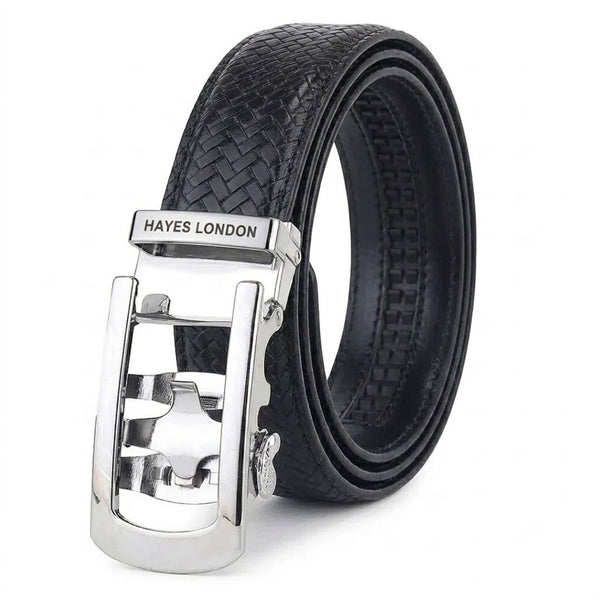 Hayes London | Cosmos Black Genuine Leather Auto-Lock Belt for Men – Silver Buckle, Micro-Adjustable Fit