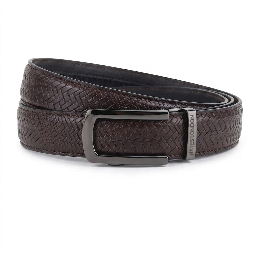 Hayes London | Cosmos Brown Genuine Leather Auto-Lock Belt for Men – Grey Buckle, Micro-Adjustable Fit