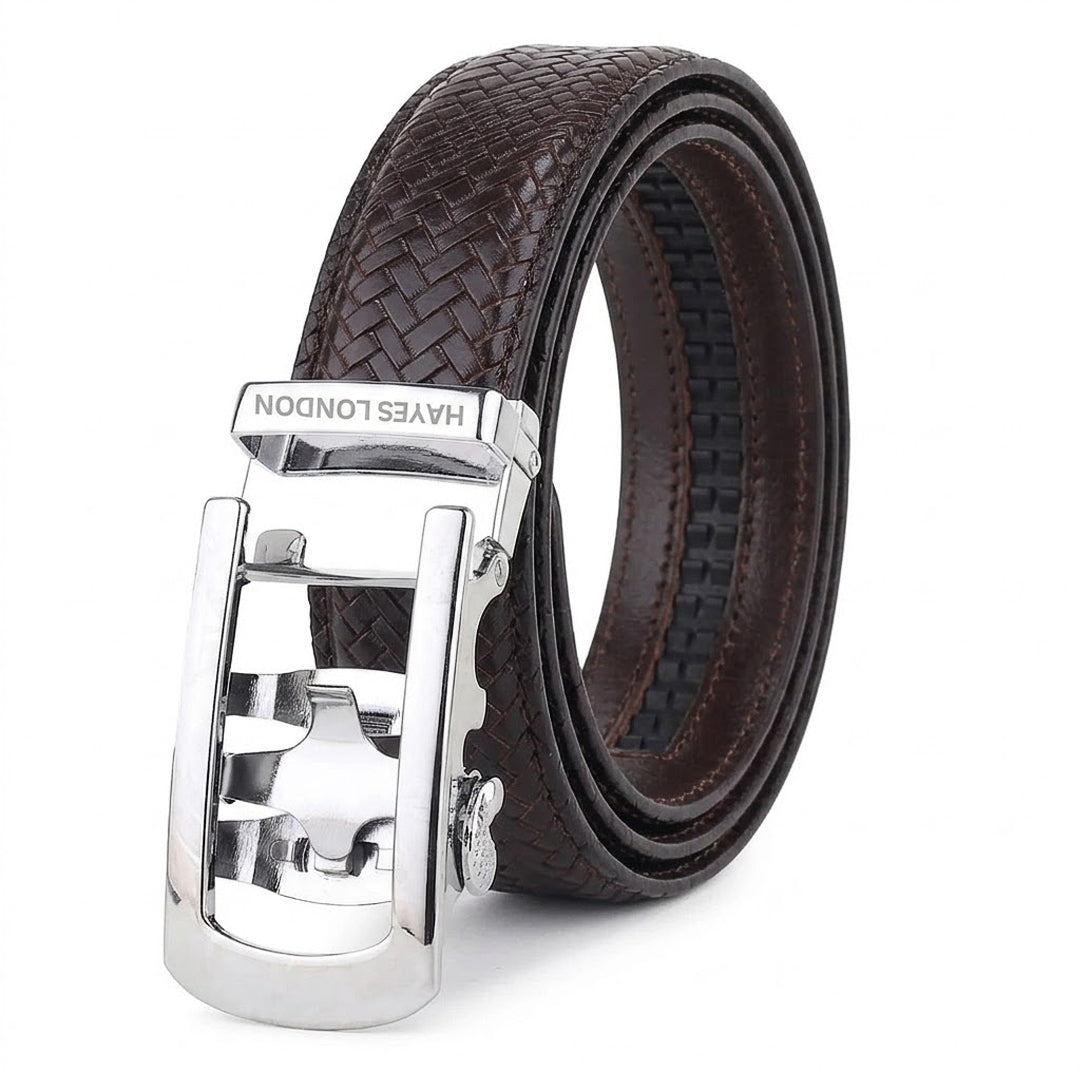 Hayes London | Cosmos Brown Genuine Leather Auto-Lock Belt for Men – Silver Buckle, Micro-Adjustable Fit