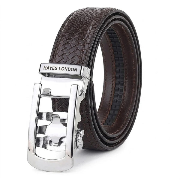 Hayes London | Cosmos Brown Genuine Leather Auto-Lock Belt for Men – Silver Buckle, Micro-Adjustable Fit