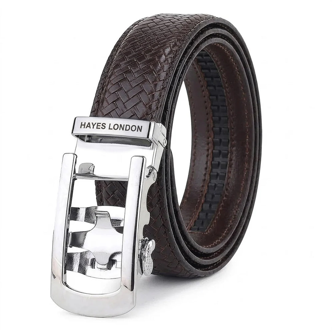 Hayes London | Cosmos Brown Genuine Leather Auto-Lock Belt for Men – Silver Buckle, Micro-Adjustable Fit