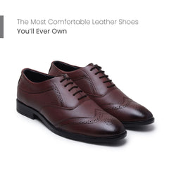 Hayes London Monarch Wingtip Brogues in brown perforated genuine leather featured in a comfort-focused promotional banner, showcasing classic wingtip detailing, decorative brogue perforations, premium craftsmanship, and all-day formal comfort