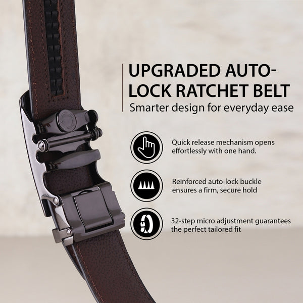 Hayes London | Nebula Brown Genuine Leather Auto-Lock Belt for Men – Grey Buckle, Micro-Adjustable Fit
