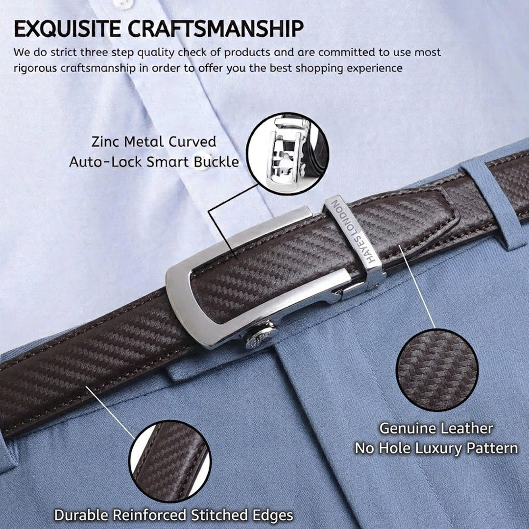 Hayes London | Nebula Brown Genuine Leather Auto-Lock Belt for Men – Silver Buckle, Micro-Adjustable Fit