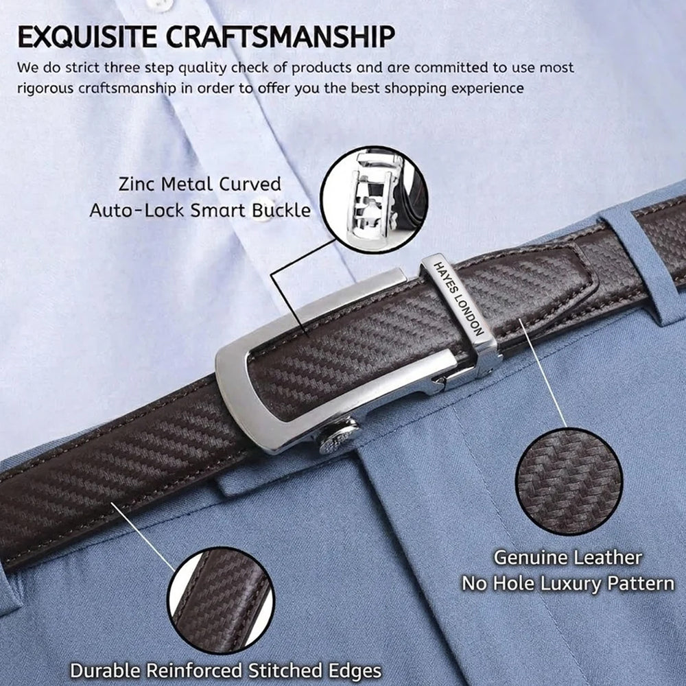 Hayes London | Nebula Brown Genuine Leather Auto-Lock Belt for Men – Silver Buckle, Micro-Adjustable Fit
