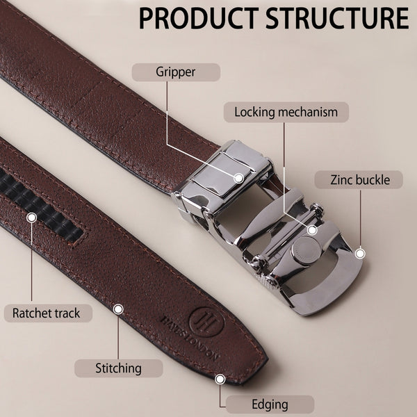 Hayes London | Nebula Brown Genuine Leather Auto-Lock Belt for Men – Silver Buckle, Micro-Adjustable Fit