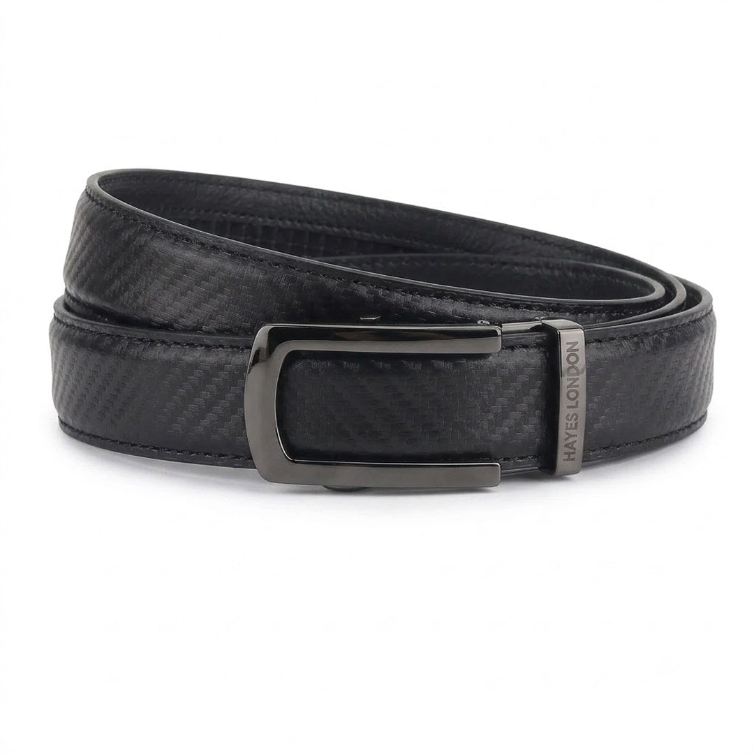 Hayes London | Nebula Black Genuine Leather Auto-Lock Belt for Men – Grey Buckle, Micro-Adjustable Fit