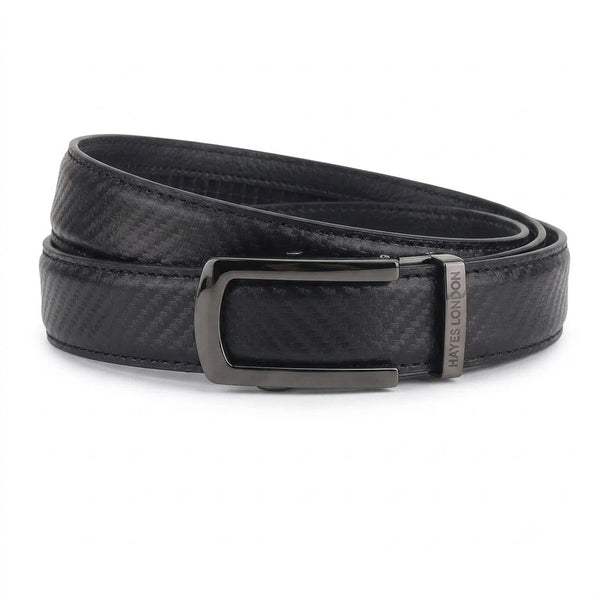 Hayes London | Nebula Black Genuine Leather Auto-Lock Belt for Men – Grey Buckle, Micro-Adjustable Fit