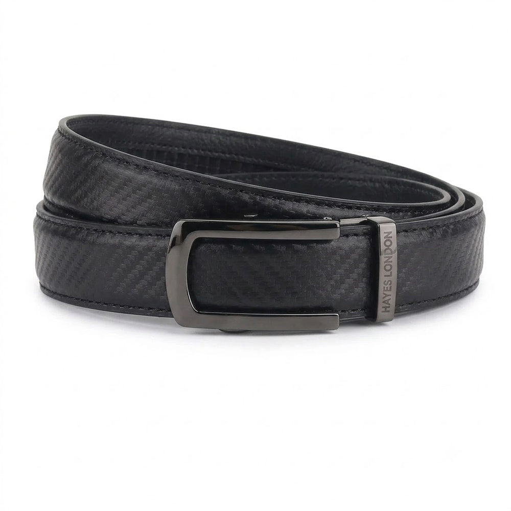 Hayes London | Nebula Black Genuine Leather Auto-Lock Belt for Men – Grey Buckle, Micro-Adjustable Fit