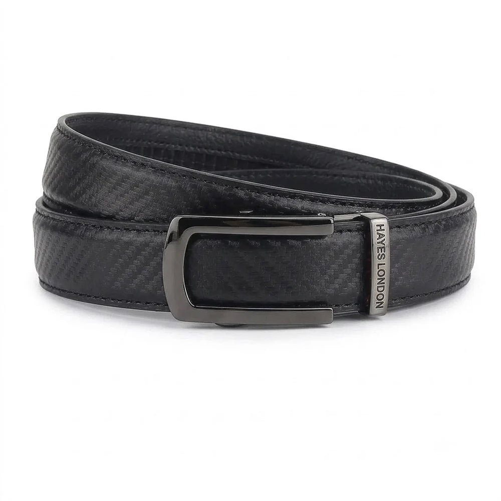 Hayes London | Nebula Black Genuine Leather Auto-Lock Belt for Men – Grey Buckle, Micro-Adjustable Fit