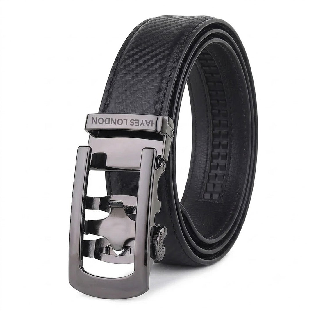 Hayes London | Nebula Black Genuine Leather Auto-Lock Belt for Men – Grey Buckle, Micro-Adjustable Fit