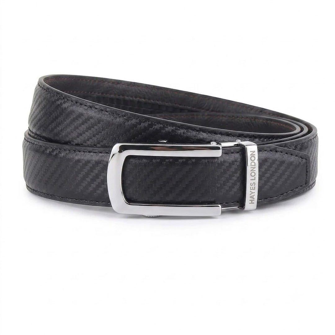 Hayes London | Nebula Black Genuine Leather Auto-Lock Belt for Men – Silver Buckle, Micro-Adjustable Fit