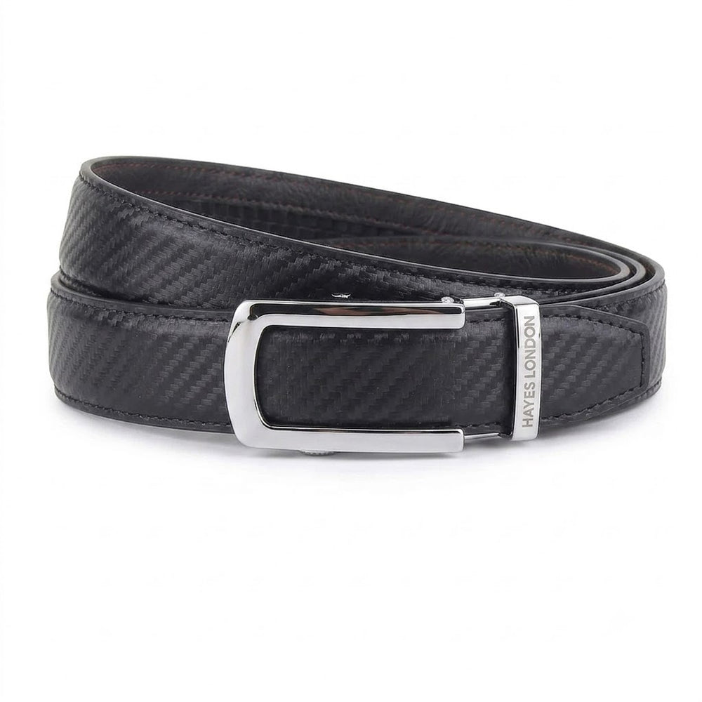 Hayes London | Nebula Black Genuine Leather Auto-Lock Belt for Men – Silver Buckle, Micro-Adjustable Fit