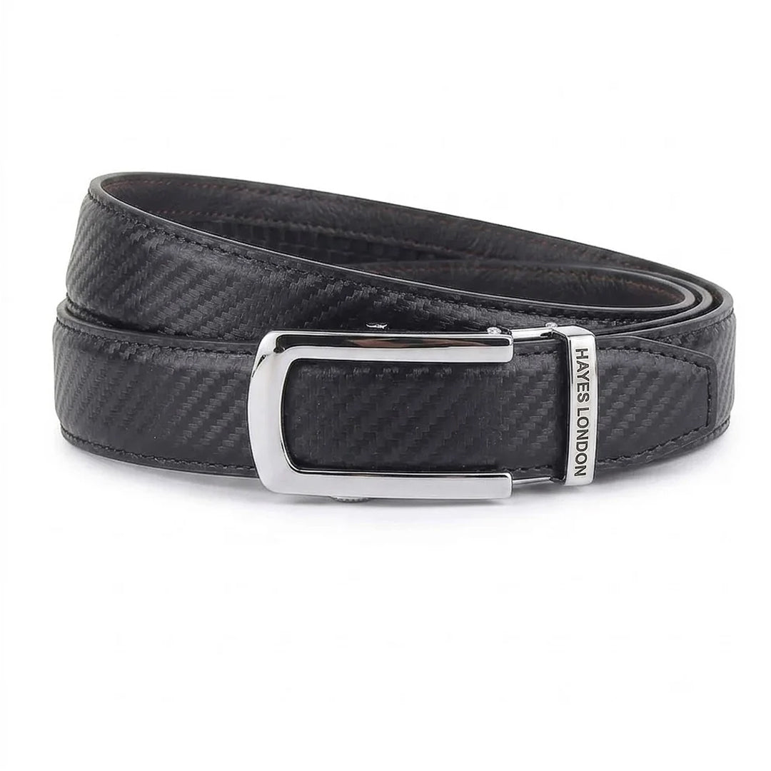 Hayes London | Nebula Black Genuine Leather Auto-Lock Belt for Men – Silver Buckle, Micro-Adjustable Fit