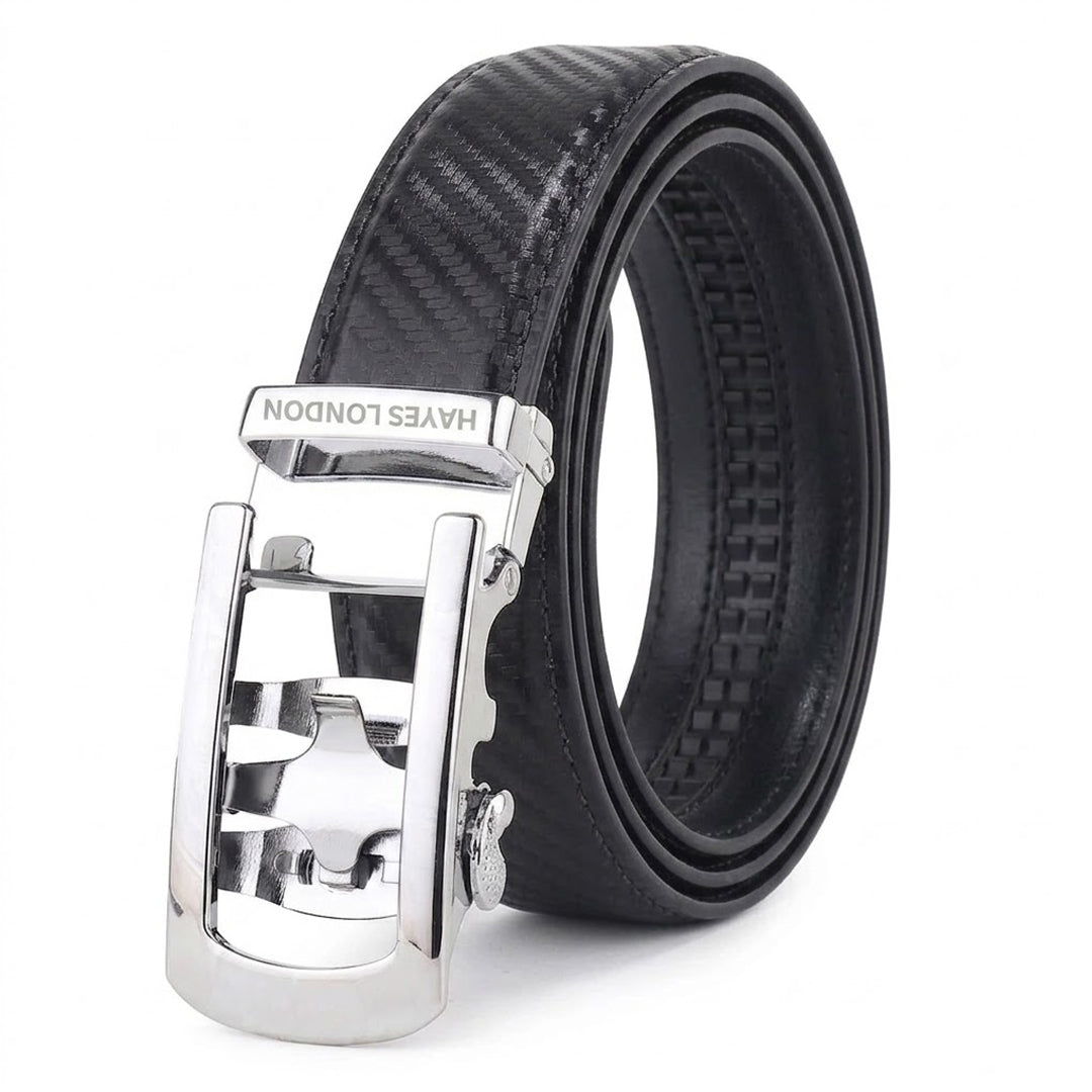 Hayes London | Nebula Black Genuine Leather Auto-Lock Belt for Men – Silver Buckle, Micro-Adjustable Fit