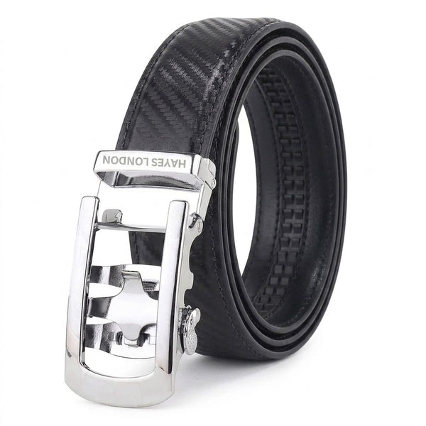 Hayes London | Nebula Black Genuine Leather Auto-Lock Belt for Men – Silver Buckle, Micro-Adjustable Fit