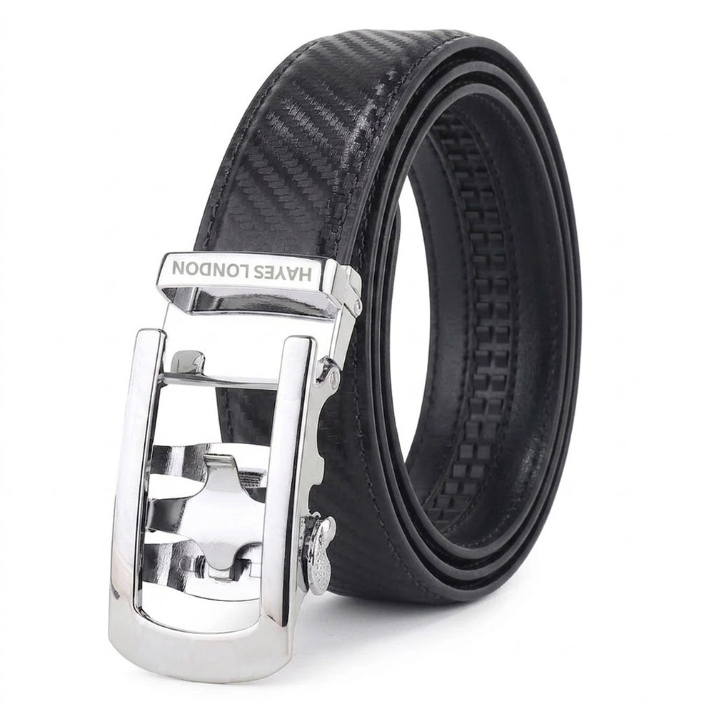 Hayes London | Nebula Black Genuine Leather Auto-Lock Belt for Men – Silver Buckle, Micro-Adjustable Fit