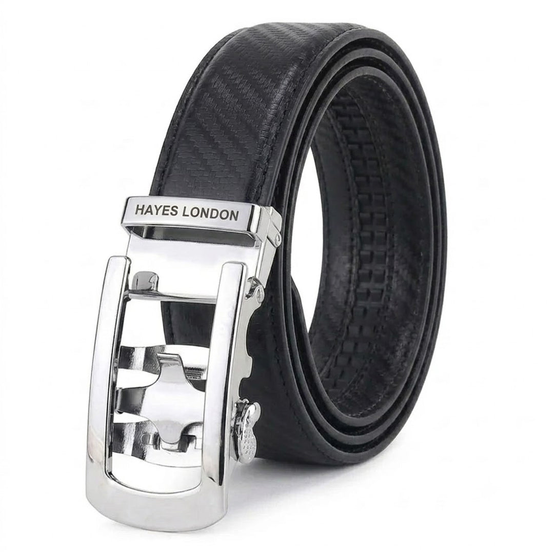 Hayes London | Nebula Black Genuine Leather Auto-Lock Belt for Men – Silver Buckle, Micro-Adjustable Fit