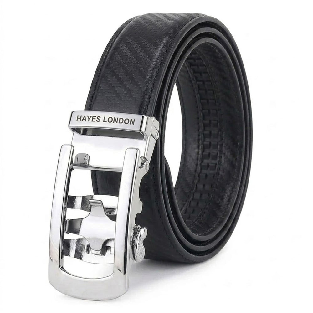 Hayes London | Nebula Black Genuine Leather Auto-Lock Belt for Men – Silver Buckle, Micro-Adjustable Fit
