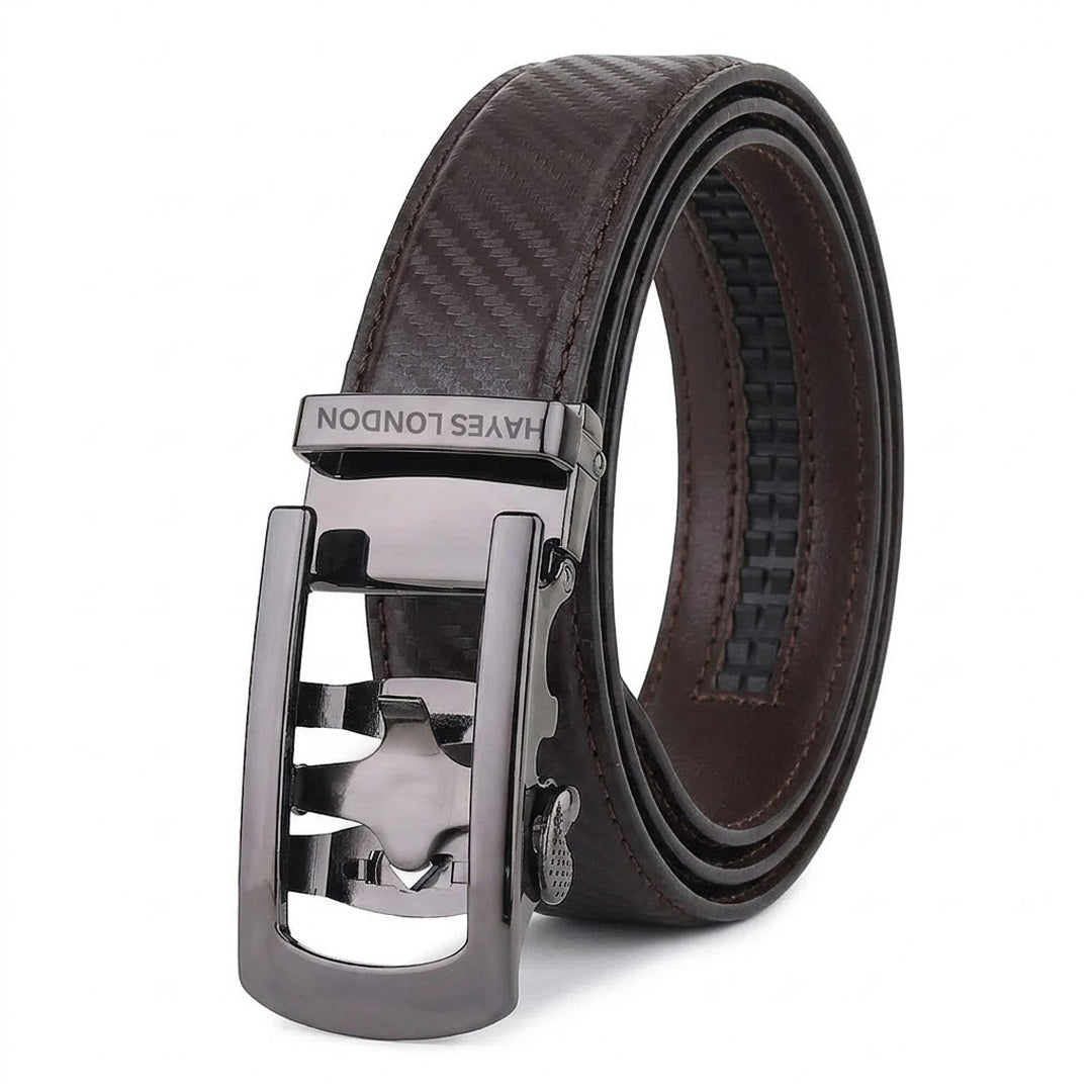 Hayes London | Nebula Brown Genuine Leather Auto-Lock Belt for Men – Grey Buckle, Micro-Adjustable Fit